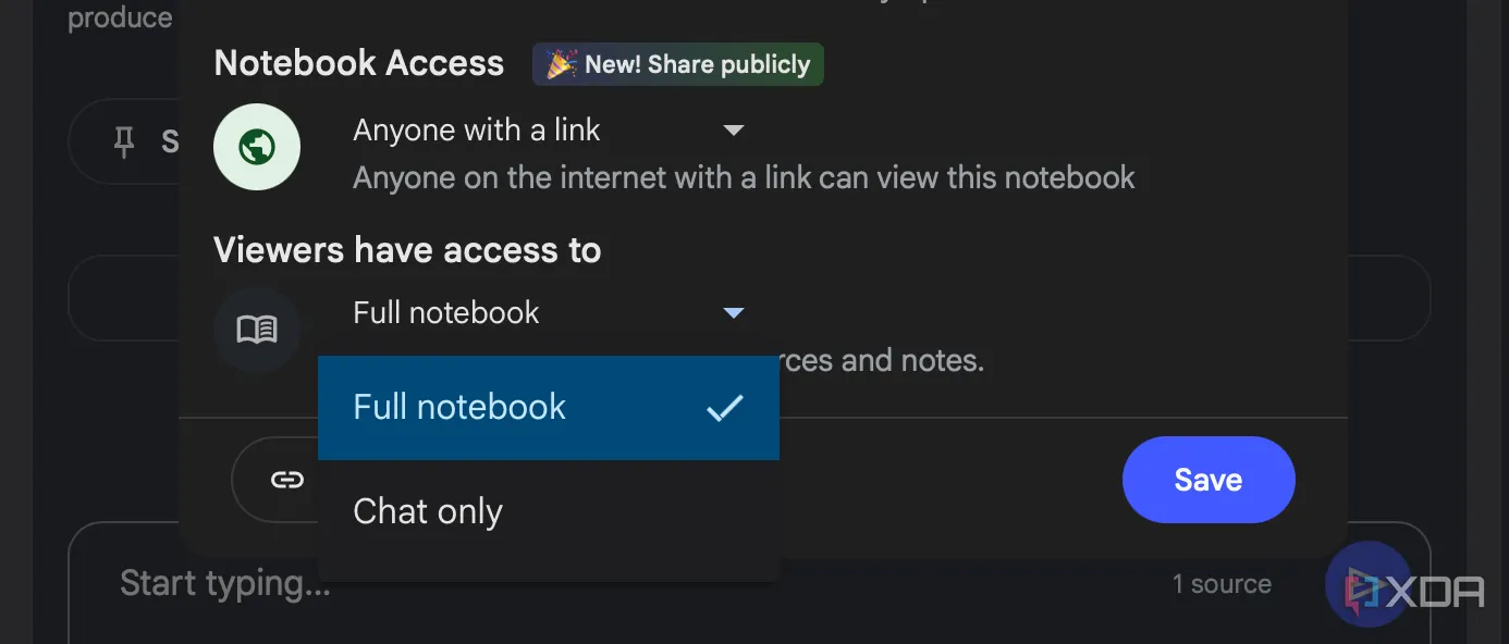 Tùy chọn quyền truy cập cho người xem NotebookLM: 'Full notebook' hoặc 'Chat only'