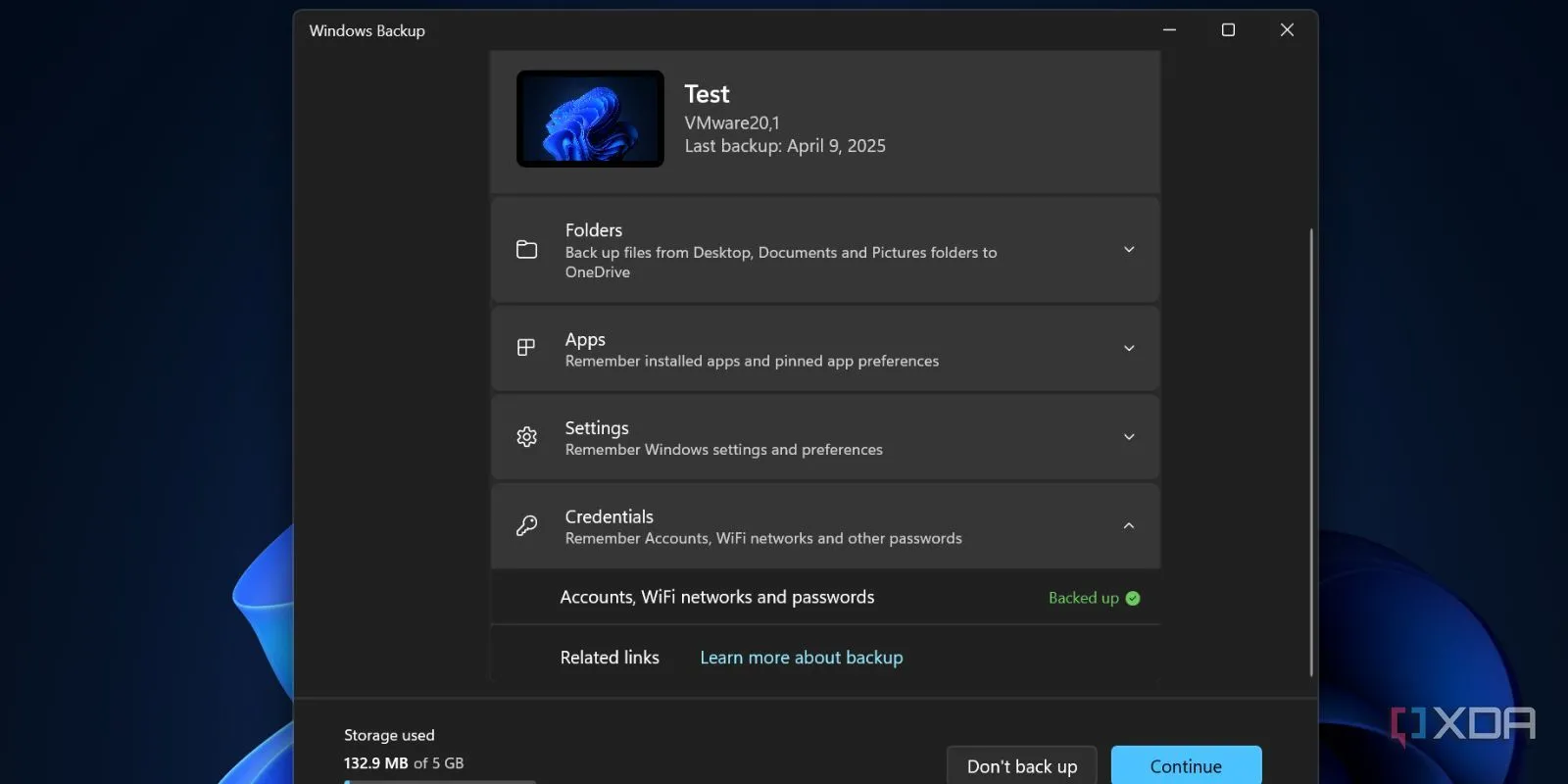 Tùy chọn sao lưu thông tin đăng nhập trong ứng dụng Windows Backup