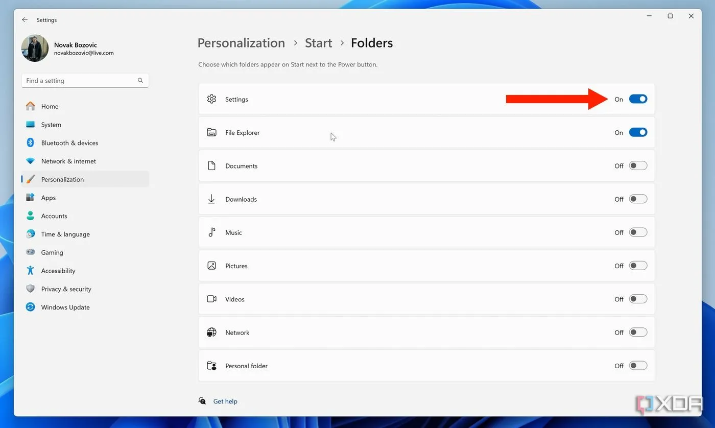 Tùy chọn thêm các thư mục như Tài liệu, Tải xuống vào Start menu trong Cài đặt Windows 11