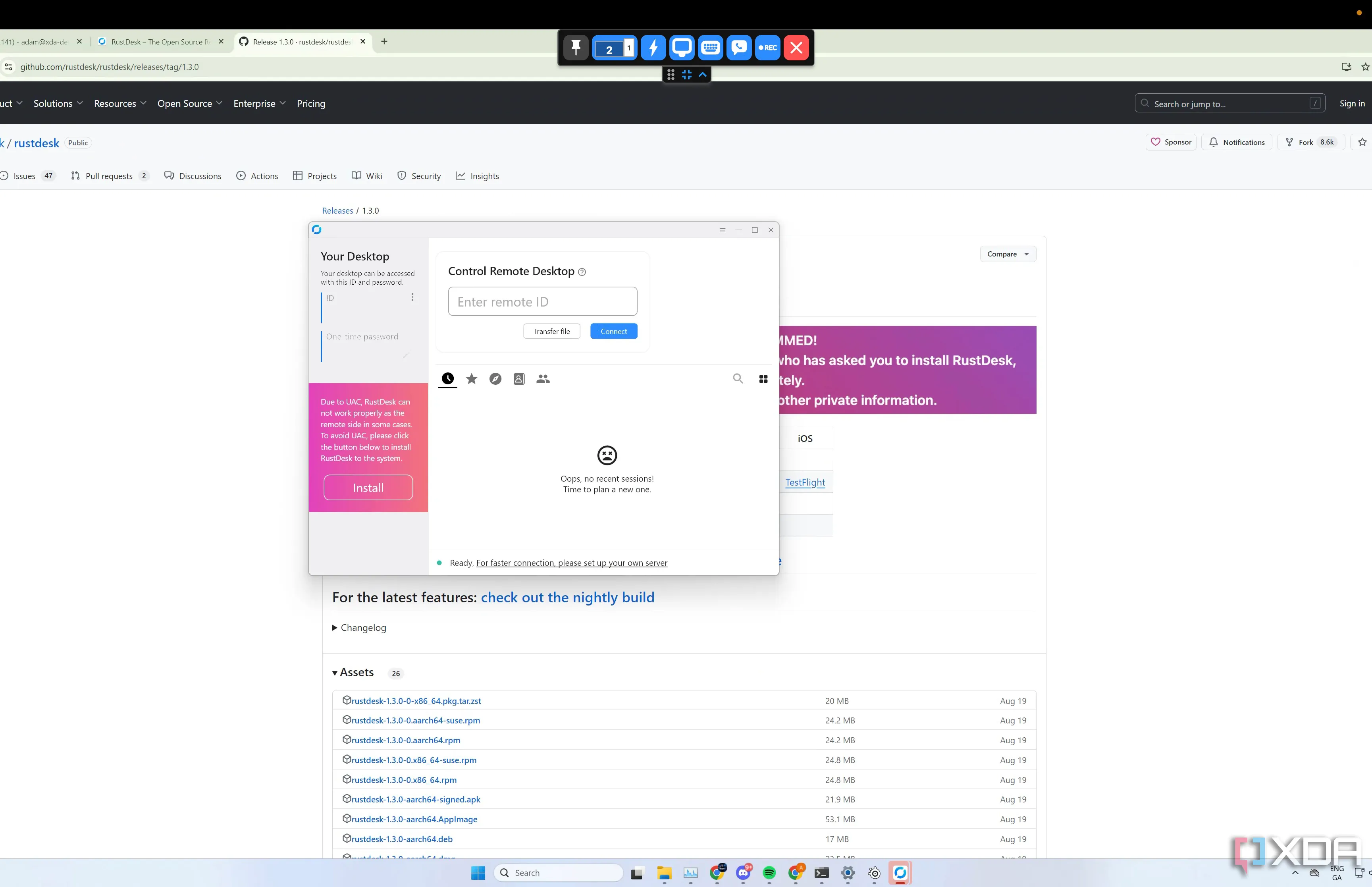 Ứng dụng RustDesk đang chạy trên hệ điều hành Windows, minh họa khả năng hoạt động ổn định