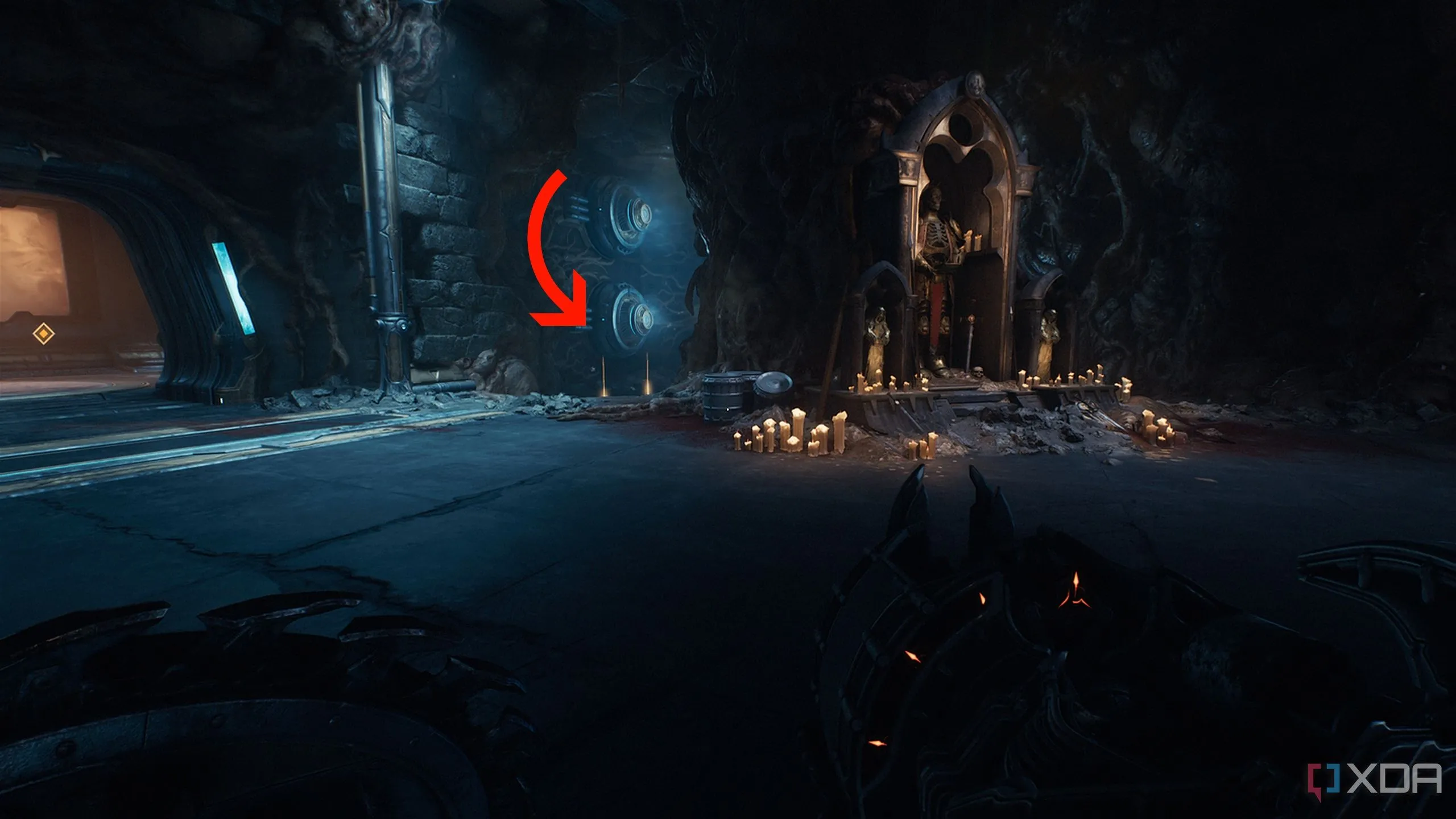 Vàng ẩn sau Sentinel Shrine trong Doom The Dark Ages Hebeth