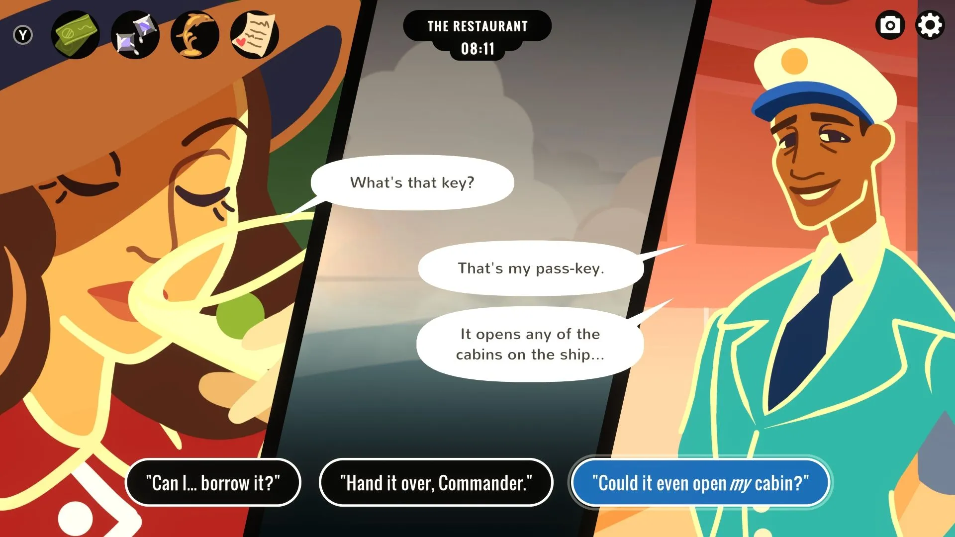 Veronica Villensey trò chuyện với Commander Anders trong Overboard, một cảnh trong game giải đố suy luận về việc thoát tội.