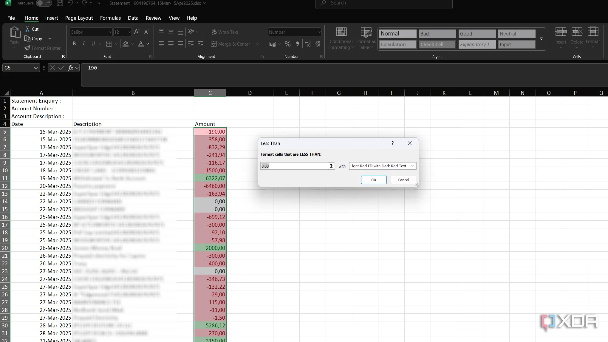 Ví dụ áp dụng định dạng Less Than trong Excel để đánh dấu các khoản chi phí