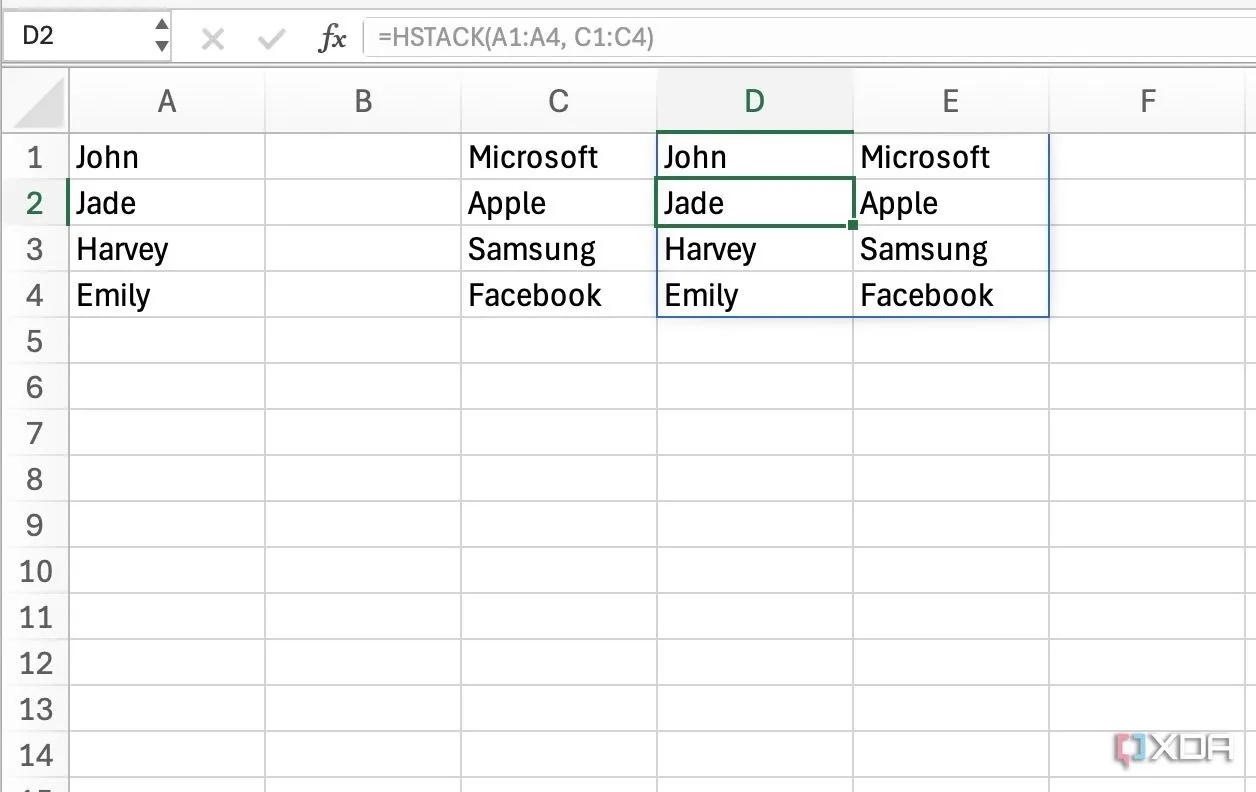 Ví dụ về cách kết hợp dữ liệu bằng hàm HSTACK trong Excel