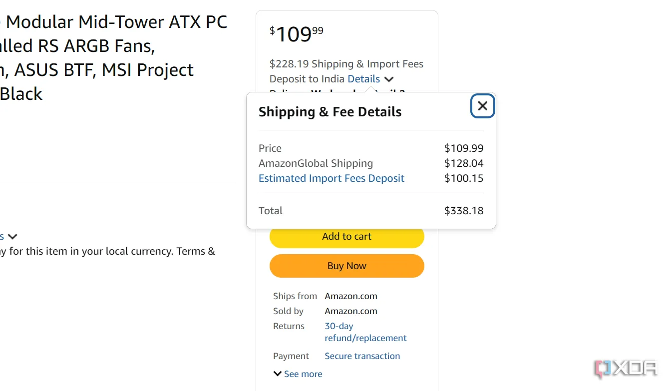 Ví dụ về chi phí vận chuyển cao khi nhập khẩu vỏ case PC từ Amazon