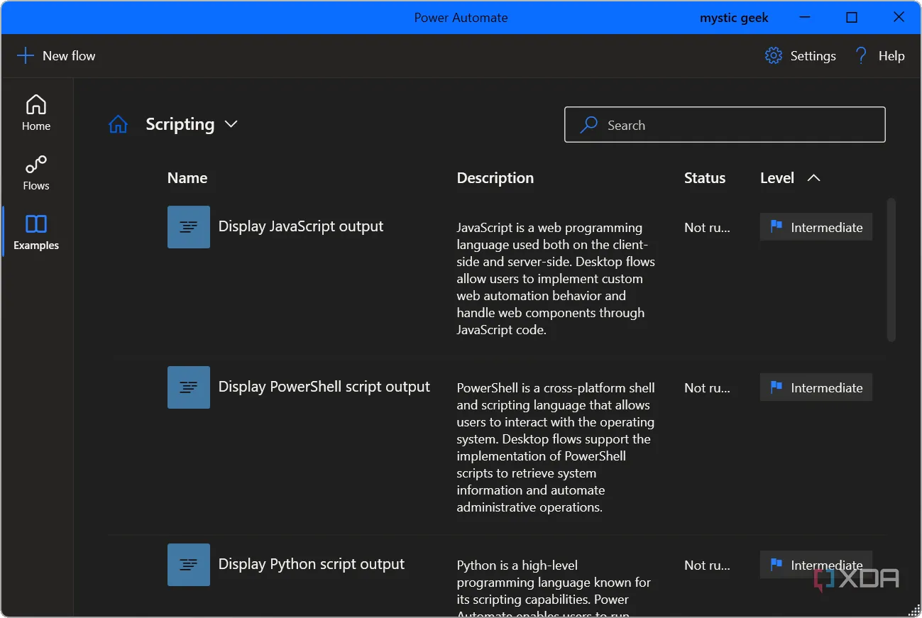 Ví dụ về quy trình Flow có sử dụng kịch bản (script) trong Power Automate trên Windows 11, thể hiện khả năng tùy biến nâng cao