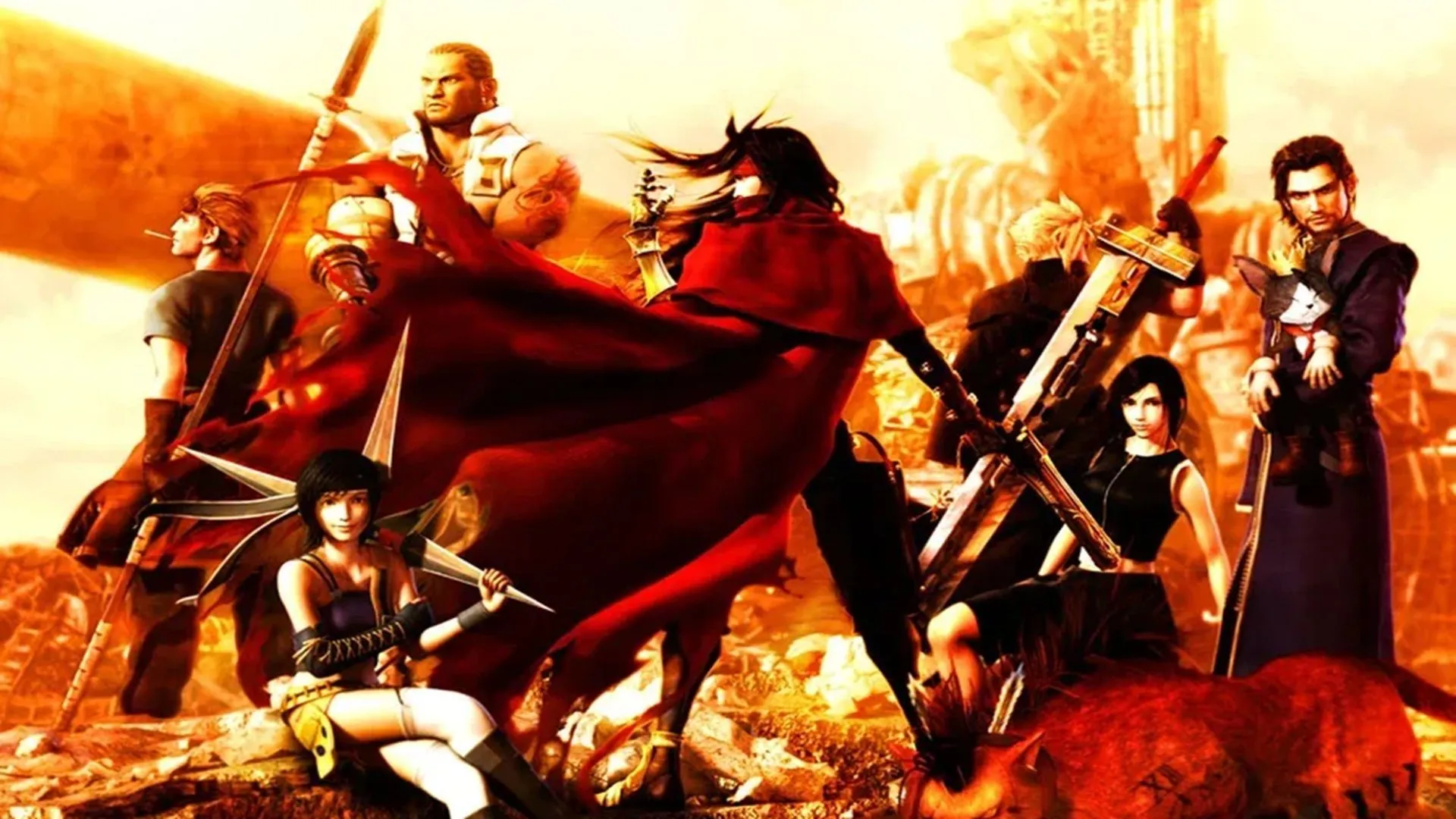 Vincent Valentine cùng các nhân vật anh hùng khác trong một cảnh hành động từ tựa game Dirge of Cerberus: Final Fantasy VII trên PS2.
