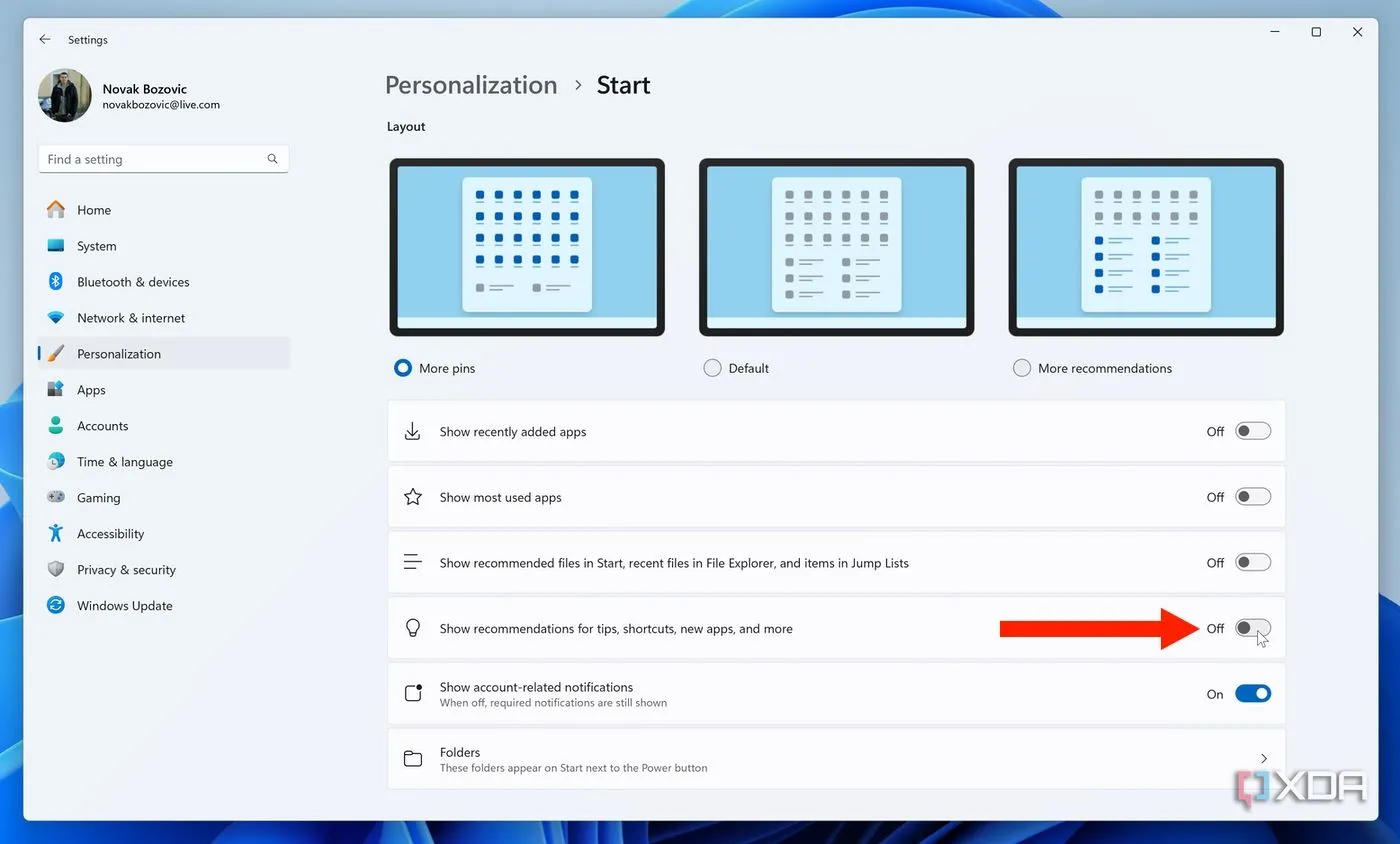 Vô hiệu hóa tùy chọn hiển thị đề xuất và quảng cáo trong cài đặt Start menu Windows 11