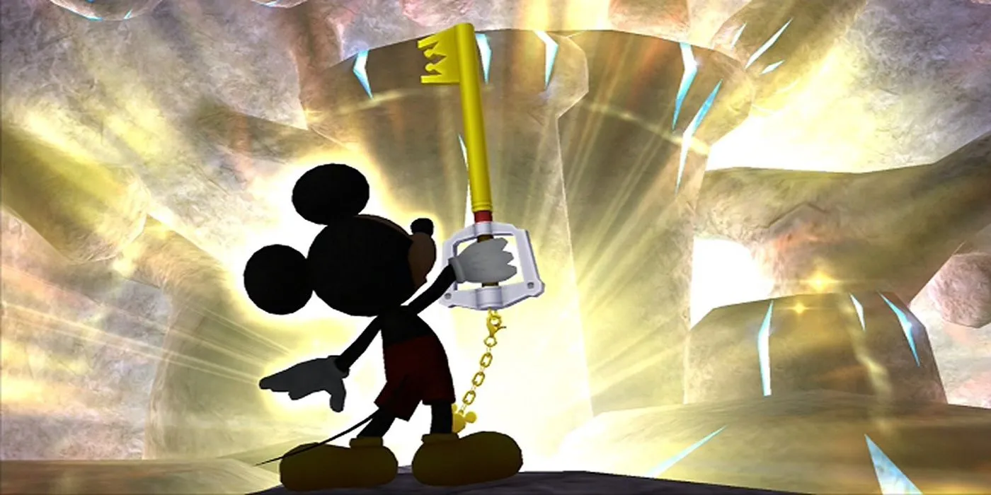 Vua Mickey với Keyblade trong Kingdom Hearts, một thanh kiếm có hình dạng chìa khóa độc đáo, biểu tượng cho khả năng mở khóa và phong ấn thế giới, chiến đấu với Heartless.