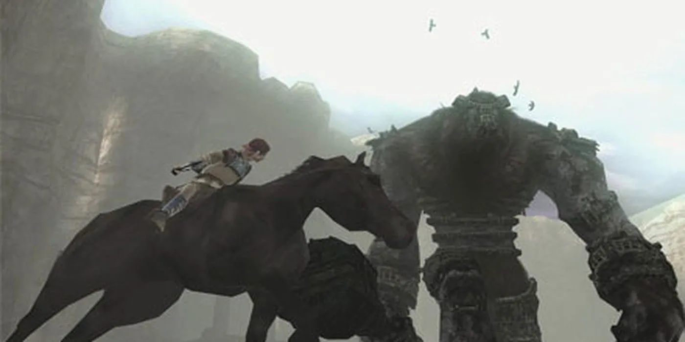 Wander cưỡi ngựa tiếp cận một Colossus khổng lồ trong Shadow of the Colossus