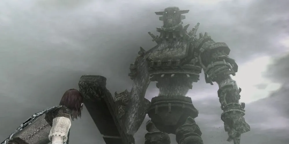 Wander đối mặt với Colossus thứ ba trong Shadow of the Colossus trên PS2
