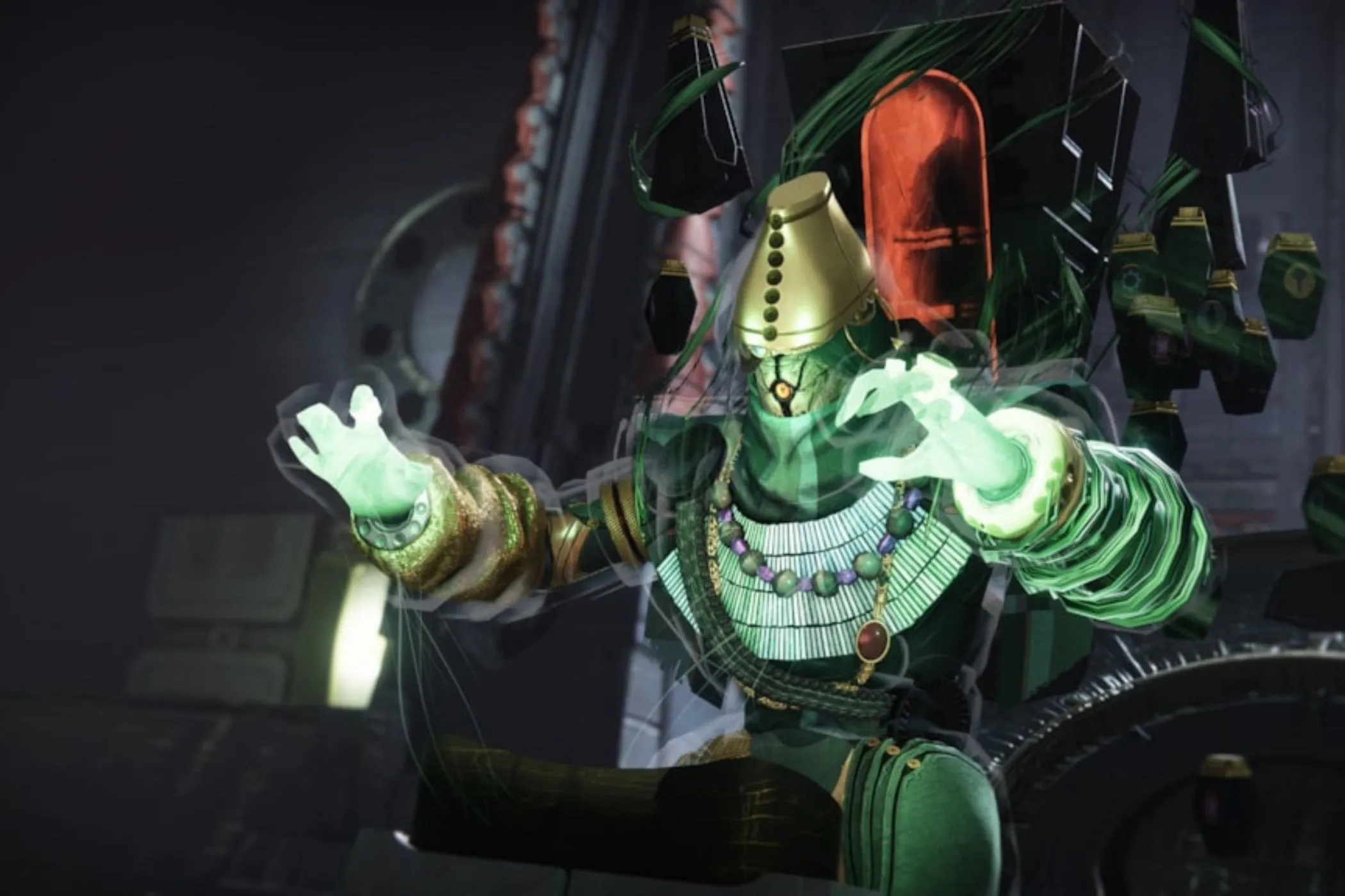Warlock trong Destiny 2 màu xanh lá cây giơ tay lên