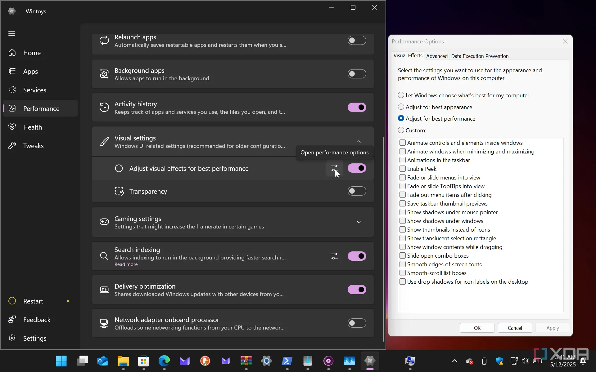 Wintoys hiển thị các tùy chọn quản lý hiệu ứng hình ảnh trong Windows 11, giúp người dùng dễ dàng bật/tắt để tối ưu hóa.