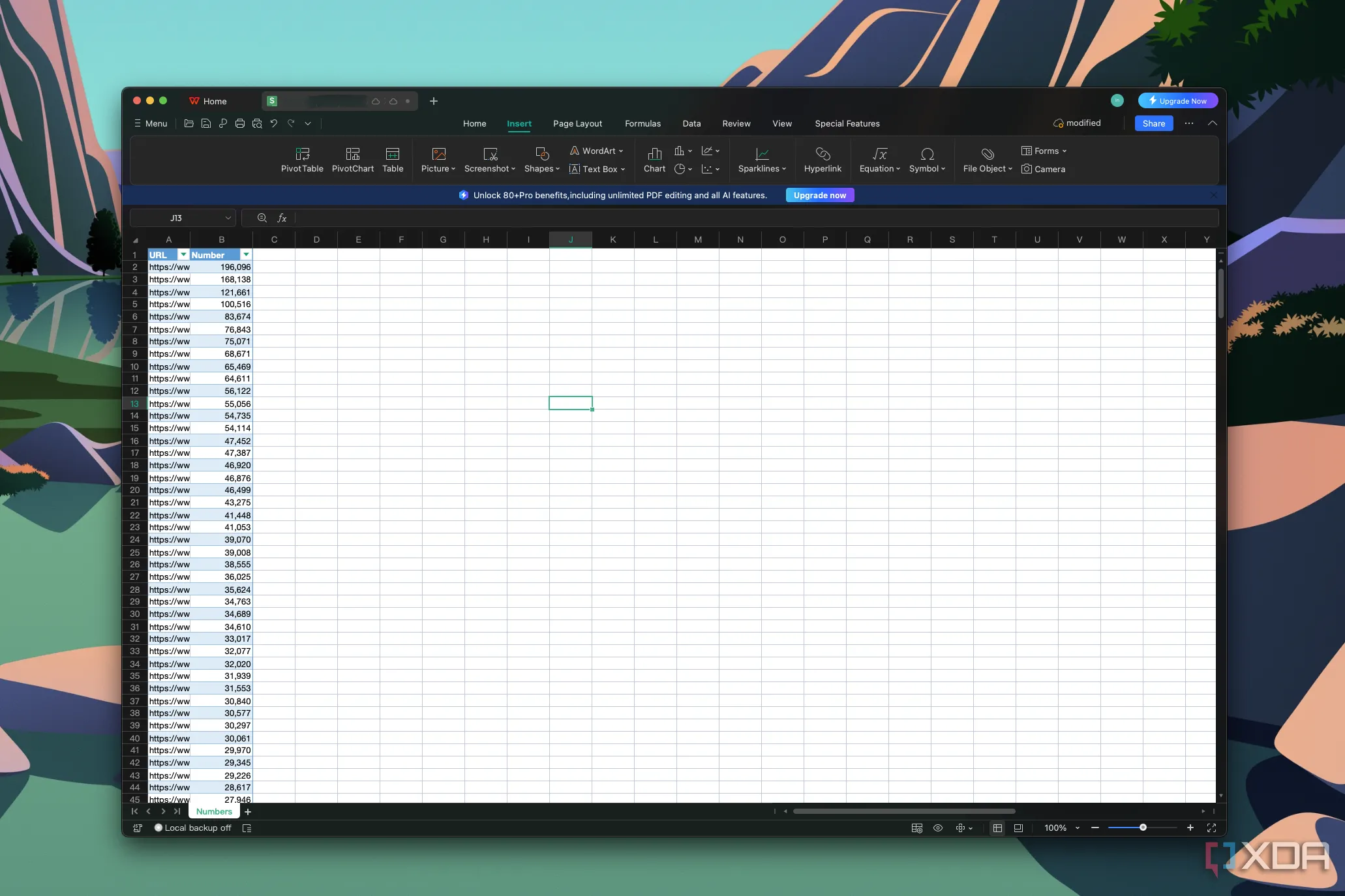 WPS Office hiển thị tệp CSV với dữ liệu số được nhận dạng chính xác, sẵn sàng sắp xếp