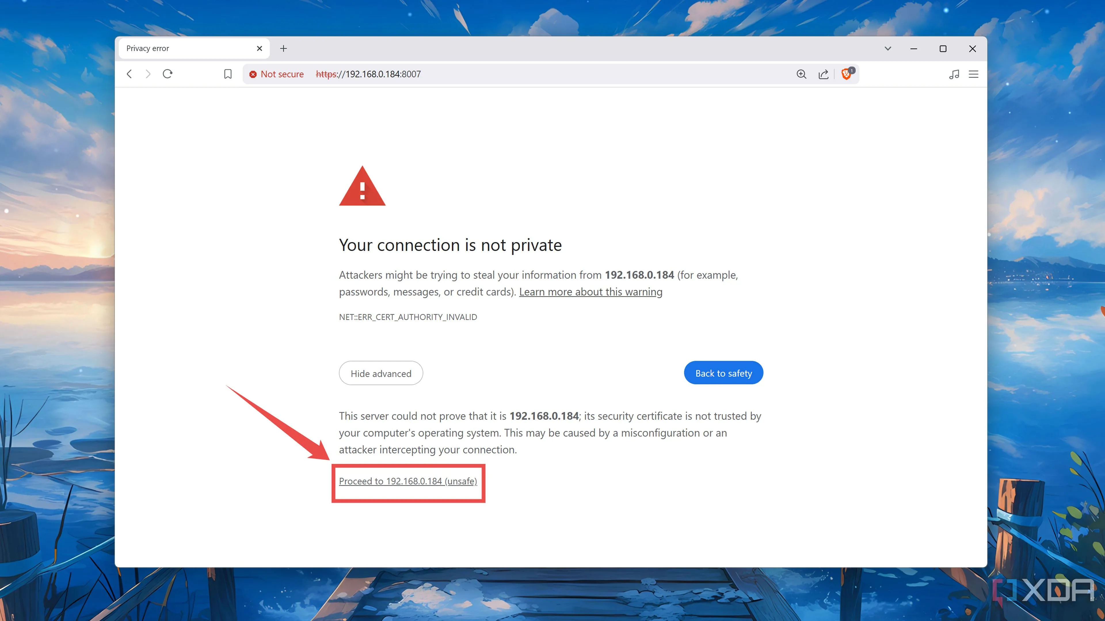 Xác nhận để truy cập giao diện web của Proxmox Backup Server khi trình duyệt hiển thị cảnh báo bảo mật