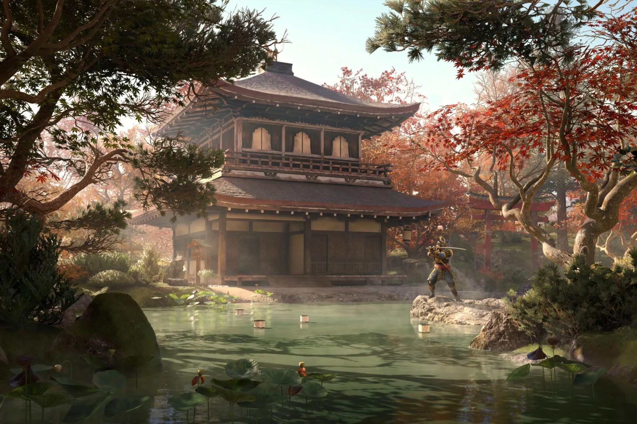 Yasuke đứng trong một ngôi đền cổ kính của Nhật Bản trong Assassin's Creed Shadows