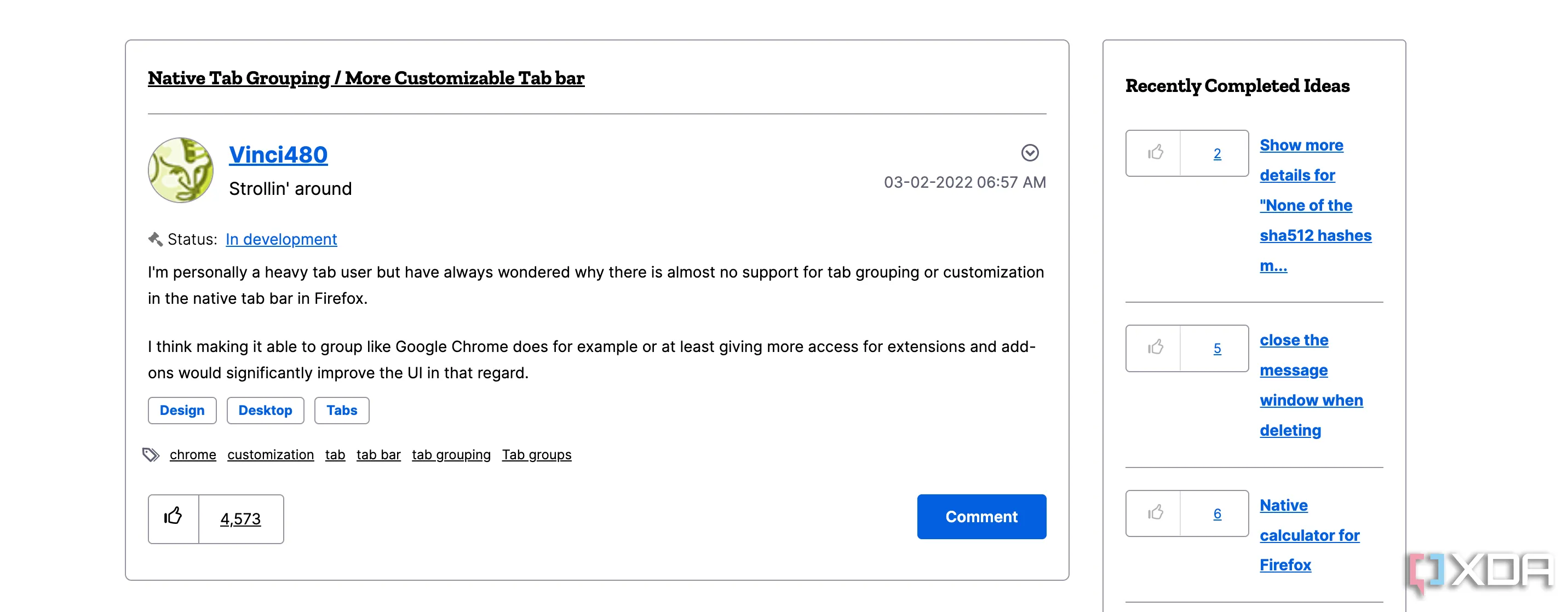 Yêu cầu về tính năng nhóm tab gốc trên diễn đàn Mozilla Connect với 4573 lượt ủng hộ