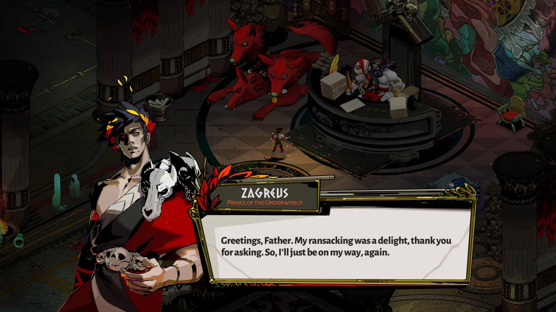 Zagreus và các vị thần Hy Lạp khác trong Hades đang trò chuyện, giao diện game với phong cách đồ họa độc đáo
